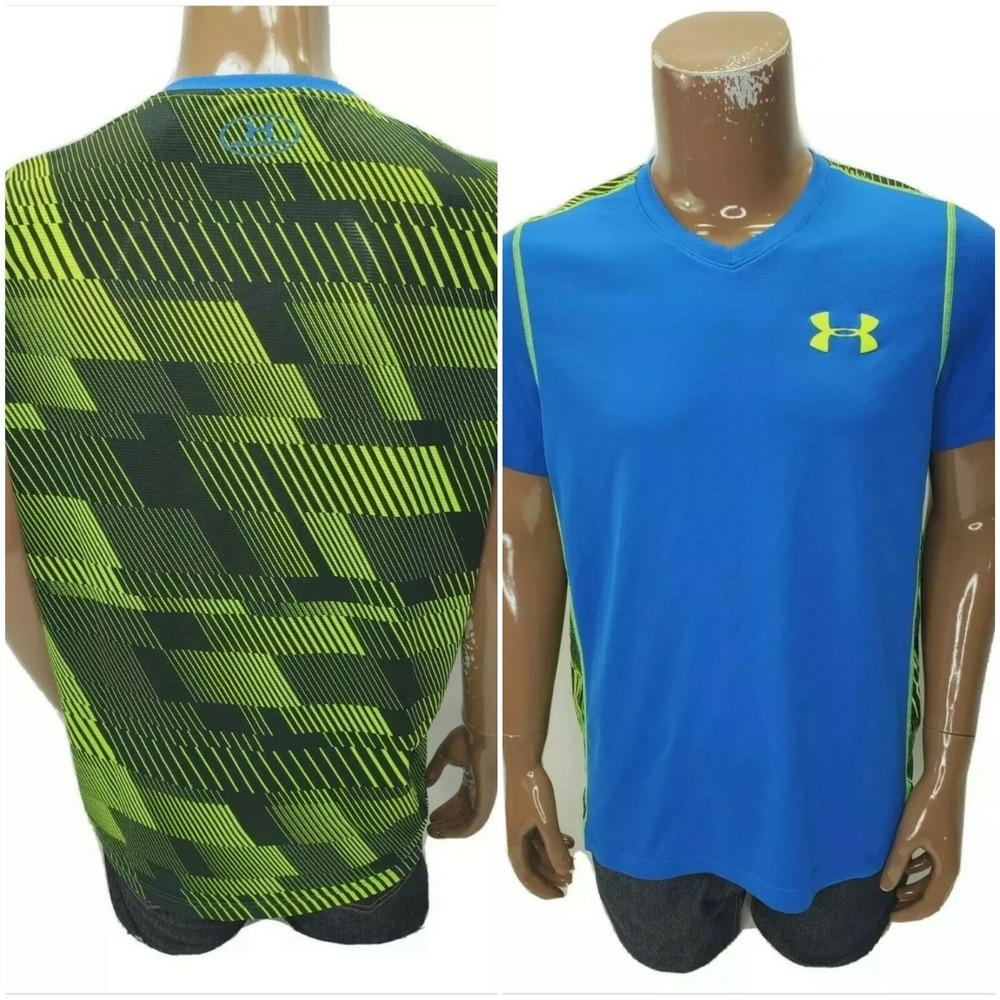 Under Armour HeatGear Mens Medium Blue Neon Green Graphic V-Neck Training Shirt